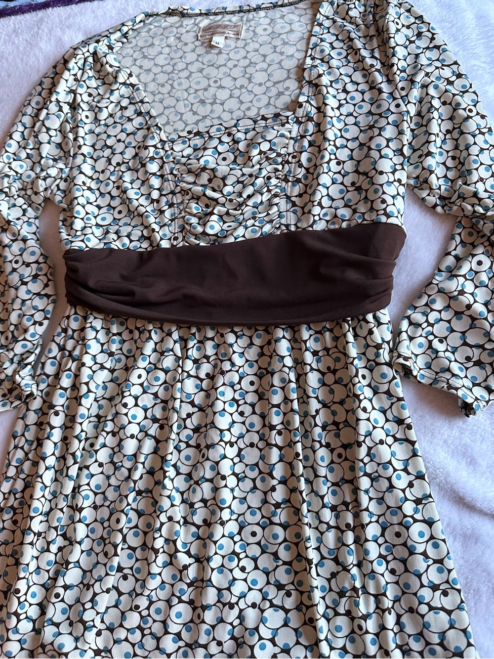 Women's Polka Dot Empire Waist Dress with Brown Waistband